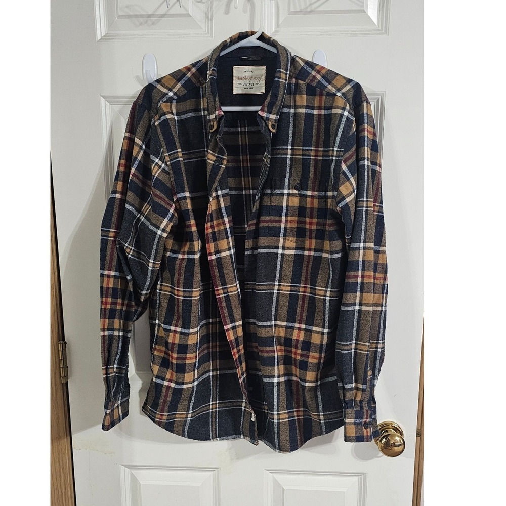Weatherproof Vintage Mens Plaid Fleece Lined‎ Flannel Shirt Navy Tan Red 1405886